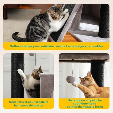 PETEPELA Scratch Tree with Dual Condos for Apartment Cats, All-in-One Cat House with Padded Perch, Scratch Ramp and Posts, and Replaceable Balls (Gray, L 113cm)