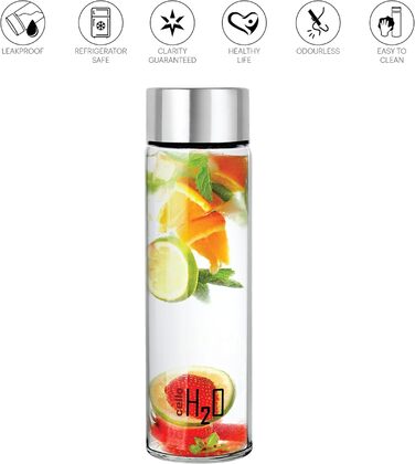 H2O Steelox Glass Water Bottle, Refrigerator Bottle, Wide Opening for Easy Cleaning, Bottle for Hotel, Travel, Office, University, 3-Piece Set, 920 ml, Silver