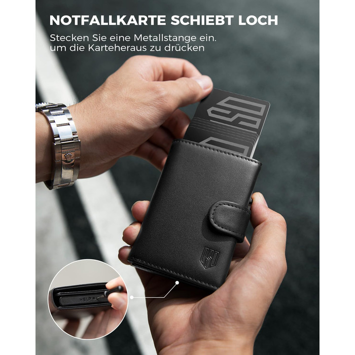 DODENSHA Credit Card Wallet for Men | RFID Credit Card Holder with Coin Pocket | Automatic Pop-up Card Holder Made of Aluminum for 8-10 Cards | ID Window | Black