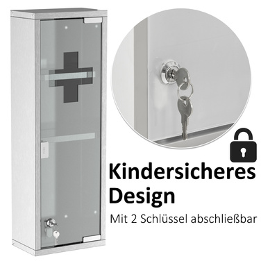 Kleankin Medicine Cabinet First-Aid Cabinet 20x12x58cm Stainless Steel with Frosted Glass in Silver, ideal for Home & Office
