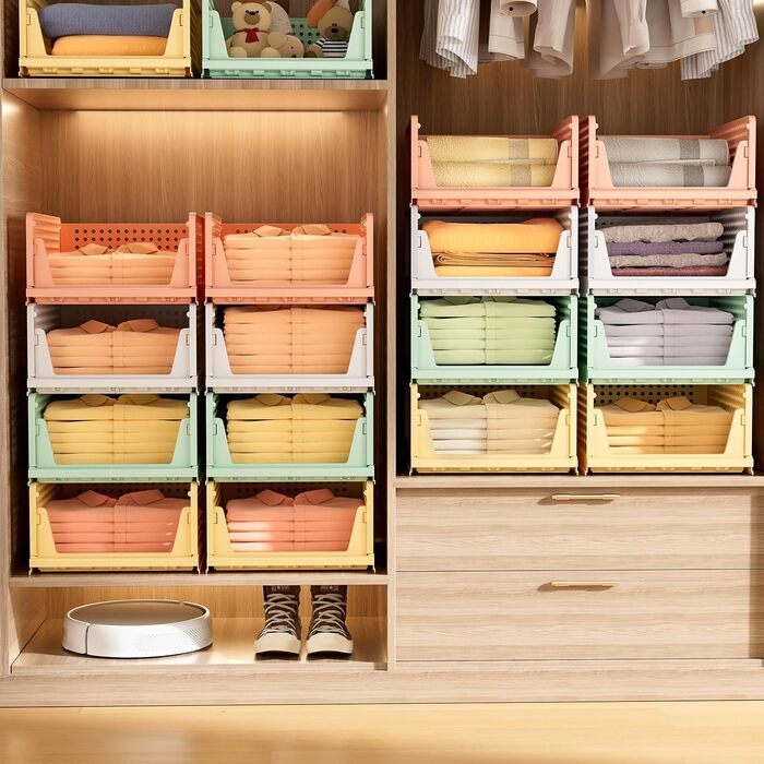 4-Piece Closet Organizer Stackable Plastic Closet Organizer Storage Box, Easy-Pull Drawer Dividers for Clothing Closet Pantry Laundry (4-Piece Mix-color)