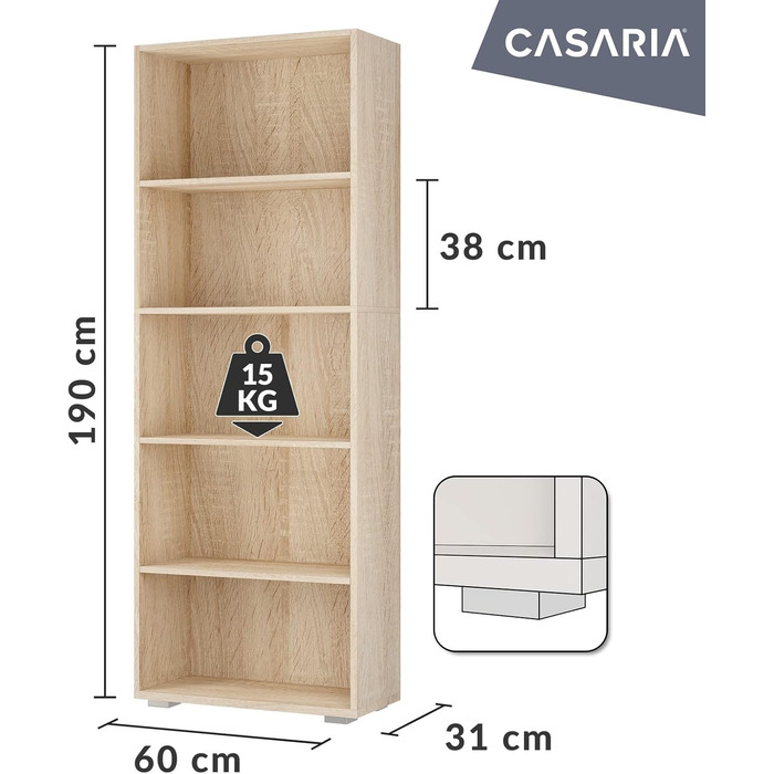 Книжкова шафа Casaria Vela 5 полиць 190x60x28 см, регульовані полиці, відкрита, дуб, для офісу та вітальні