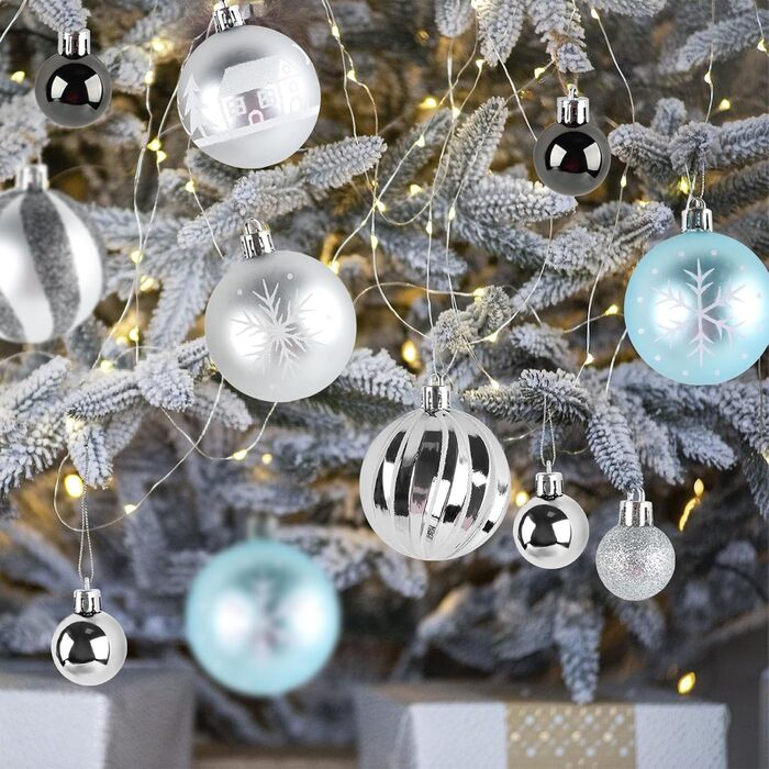 44 штуки прикрас для ялинки, декор на Новий рік, пластикові кулі для ялинки з подарунковим пакетом (срібно-блакитний)