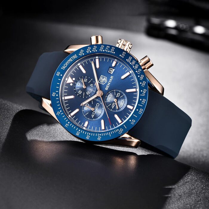 Годинник чоловічий Benyar кварцовий хронограф з датою, водостійкий 30M, спортивний, шкіряний, блакитний (з гумовим ремінком)