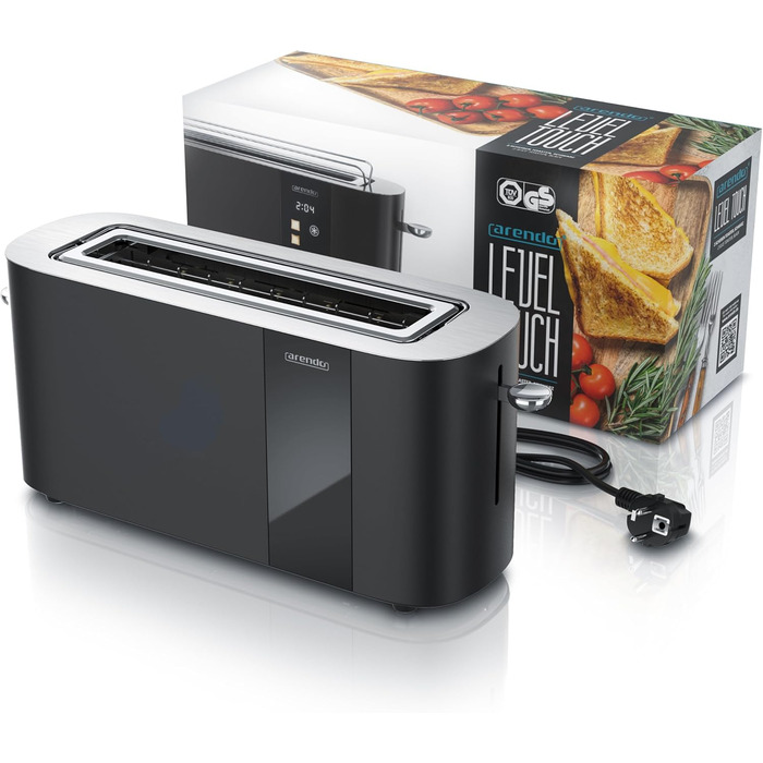 Тостер Arendo з нержавіючої сталі, 2 відділення, довгий проріз, сенсорний дисплей, подвійні стінки, підставка для булочок, 6 рівнів підсмажування, центрування хліба, індикатор часу, функція пам'яті, чорний колір A: Нічний чорний