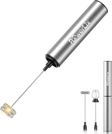 POWERLIX Pro 3-в-1 Електричний Молочний Піноутворювач Ручний - USB-C, Акумулятор, 10 000 об/хв, Змінні Насадки для Латте Макіато/Капучино/Збитий Крем, Портативний Барista