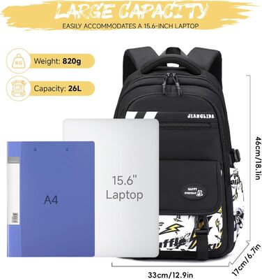 Шкільний рюкзак Tanou для хлопців-підлітків, принт графіті, водонепроникний, 10-18 років, для школи, гімназії, старшої школи (Чорний/Жовтий)