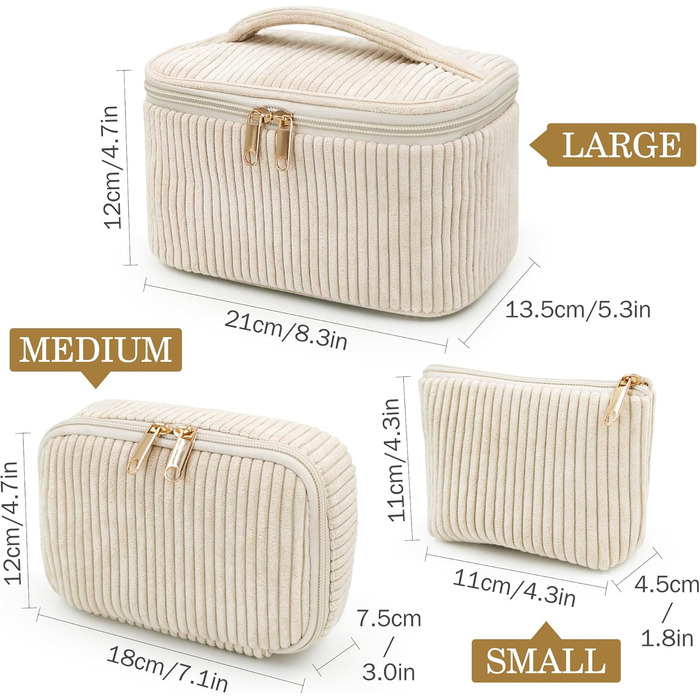 Набір косметичок для жінок: 3 шт. - для макіяжу, подорожей, повсякденного використання. Колір: бежевий