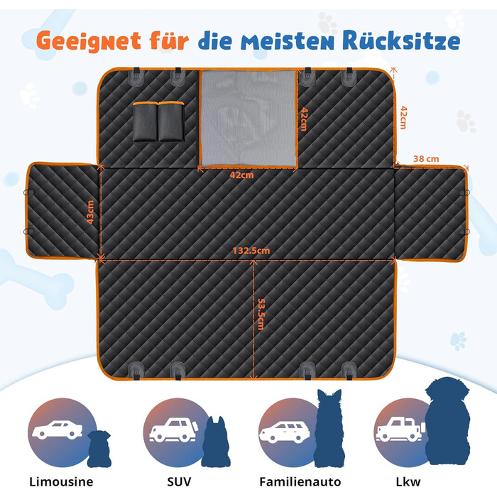 Водонепроникна підстилка для собак у машину з захистом боків та віконкою-сіткою, чорний/оранжевий