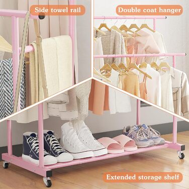 Clothes Rack with Double Rod, Rolling Clothes Rack, Portable Clothes Rack for Bedroom, Living Room, Clothing Store (Pink)