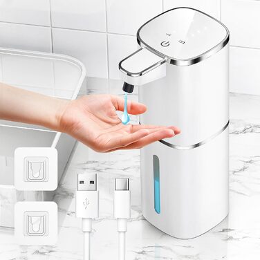 Автоматичний дозатор для мила електричний настінний 400 мл, USB-зарядка, сенсорний, водонепроникний IPX5 - для кухні, ванної, школи, готелю (білий)