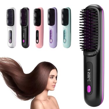 Бездротова щітка-випрямляч для волосся 2-в-1 з функцією завивки, LED дисплеєм та 3 температурними режимами (160°C-200°C), чорна