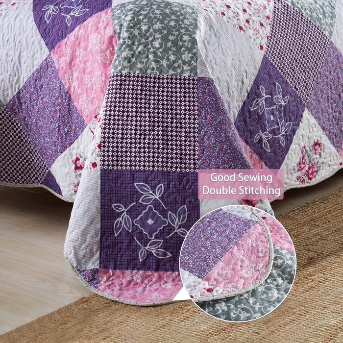 Qucover Комплект ковдри та покривала на двоспальне ліжко 220x240 см/230x250 см, стеганий, квітковий принт, фіолетовий