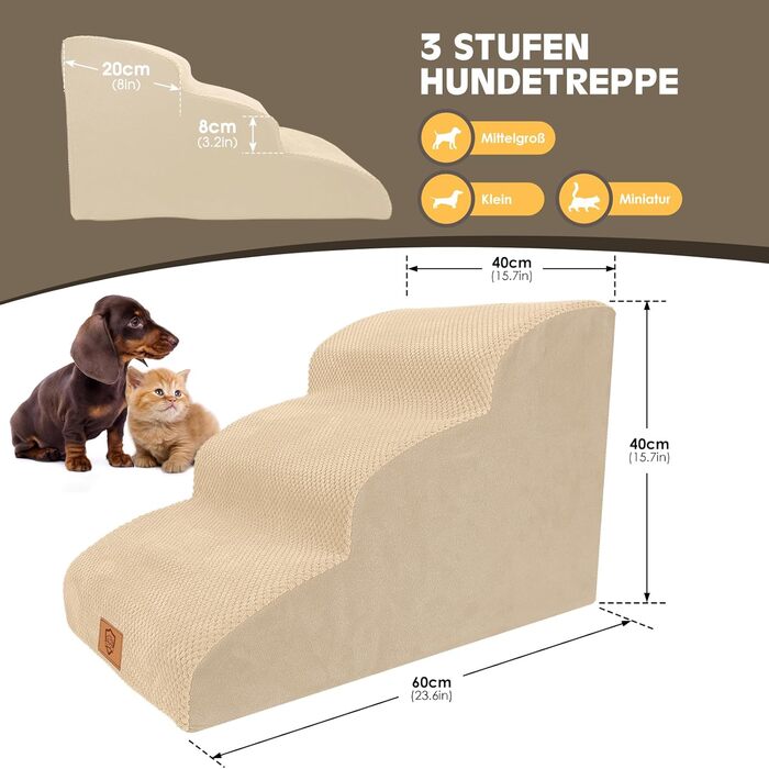 Сходинки для собак - 3 ступені, 40 см, з щільного матеріалу, для ліжка та дивану, знімний чохол, антиковзаюча поверхня, 60x40x40 см, бежевий