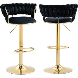 Set of 2 Velvet Bar Stools - Adjustable Height with Backrest & Armrests - Ergonomic Swivel Bar Stools with Handwoven Velvet & Gold Legs for Kitchen Island, Bar, Restaurant - with Footrest, Black