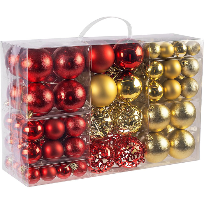 Набір прикрас на ялинку: новорічні кулі Рожево-золоті, 100 шт., різні розміри (3см, 4см, 6см), пластик