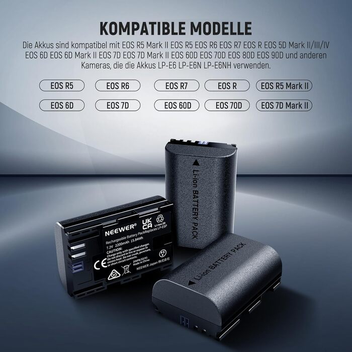 NEEWER LP-E6NH Запасний акумулятор та зарядний пристрій USB, 3 шт. 2250mAh для Canon EOS R7 R5 R6 R6 II R, 5DIV, 6DII, 7DII, 80D, 90D