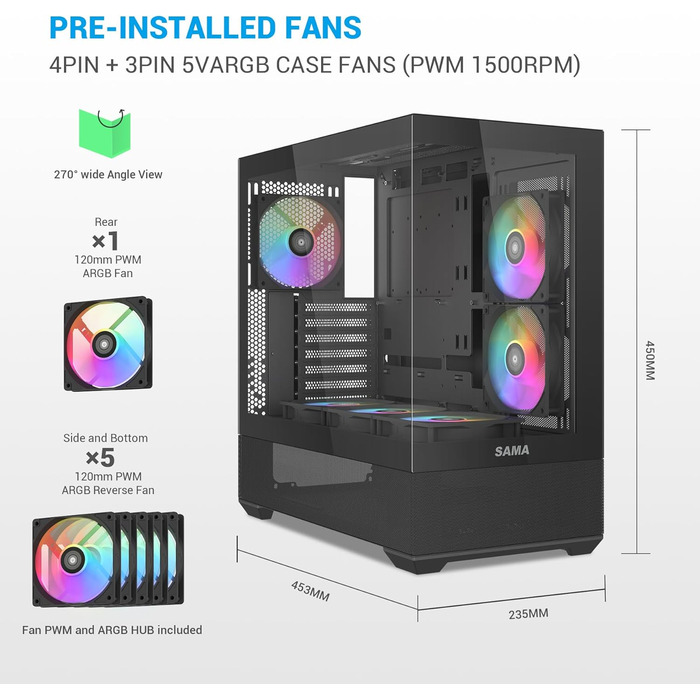 Корпус ПК SAMA V40 Mid-Tower ATX з 6 вентиляторами 120 мм ARGB, подвійні панелі з загартованого скла, чорний