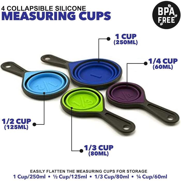 Collapsible measuring cups and spoons, portable measuring cup set made of food-grade silicone for liquid and dry ingredients, dog food, camping, and children's measuring cups