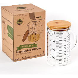 TreeBox Premium Measuring Cup 1l - Glass Measuring Cup - Robust and Heat-Resistant Measuring Cup Set made of Borosilicate Glass with Bamboo Lid - Microwave Safe - Perfect for Baking, Cooking, and Mixing