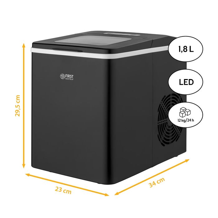Льодогенератор First Austria 1.8л, 150W, компресорний, чорний - 12 кг/24год, швидке виробництво льоду (7-9 хв)