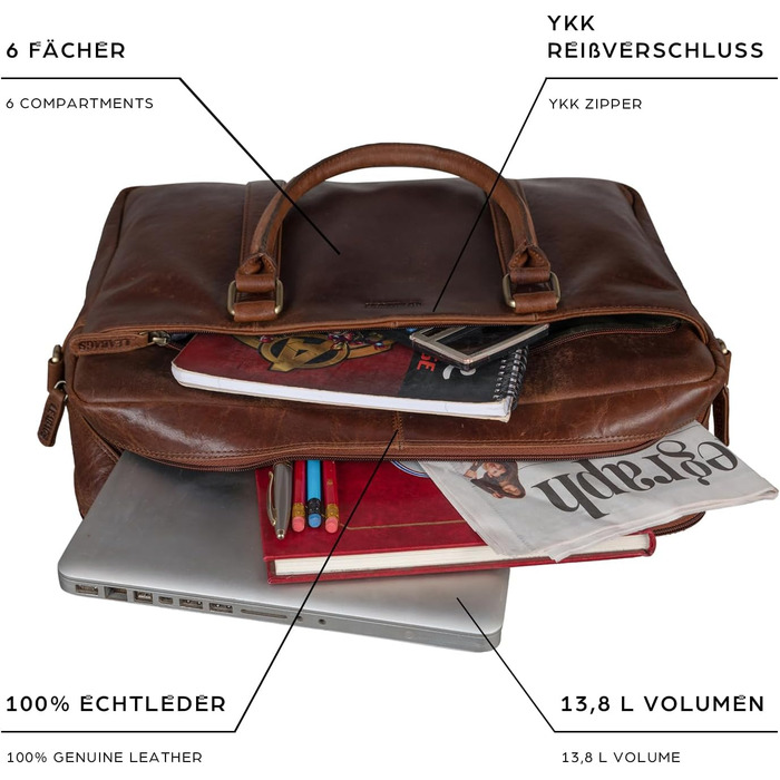Сумка для ноутбука LEABAGS Leder Aktentasche чоловіча зі шкіри, до 16 дюймів, коричнева (M, Cow Saddle Horse)