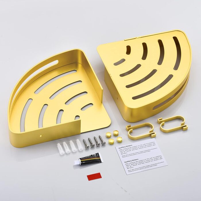 Поличка для душу без свердління, кутова поличка для ванної кімнати з алюмінію Space, трикутна корзина для душу з гачками, органайзер для шампуню, антикорозійна (2 шт., піскоструминне золоте покриття)