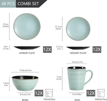 Stoneware Combination Service, vancasso GUTO Tableware Service, 48-piece Dinnerware Set with 12 Dinner Plates, Dessert Plates, Bowls, and Cups for 12 People