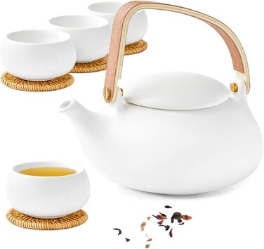 ZENS Modern Japanese Teapot, 800ml Matte White Ceramic Teapot with Infuser, Wooden Handle Small Japanese Teapot for Loose Leaf Tea, White Tea, Green Tea Steeper, Gift for Tea Lovers (09-weiß Teeservice-4 Tassen)