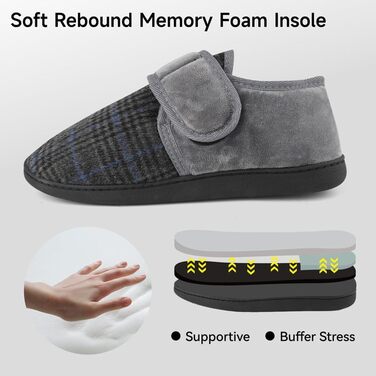 Теплі халапи для чоловіків TIESTRA з флокуванням, для діабетиків, широка нога, з фетрової в'язки, з підошвою з піною Memory Foam, з застібкою-липучкою, розмір 41-47 (Смужки сірого кольору, 46 EU)