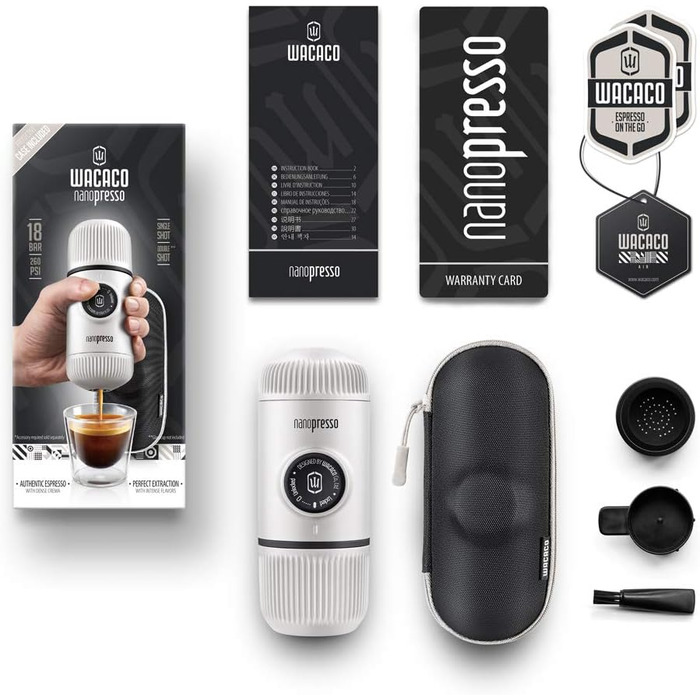 WACACO Nanopresso Portable Espresso Machine, with Nanopresso S Case, Upgrade Version of Minipresso, Travel Coffee Machine, Manually Operated (New Elements Cold White)