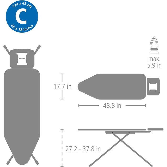 Гладильна дошка Brabantia Bügelbrett C XL для праски з парою, регульована висота, для правші та лівші, міцна металева рама, 124 x 45 см, Denim Black