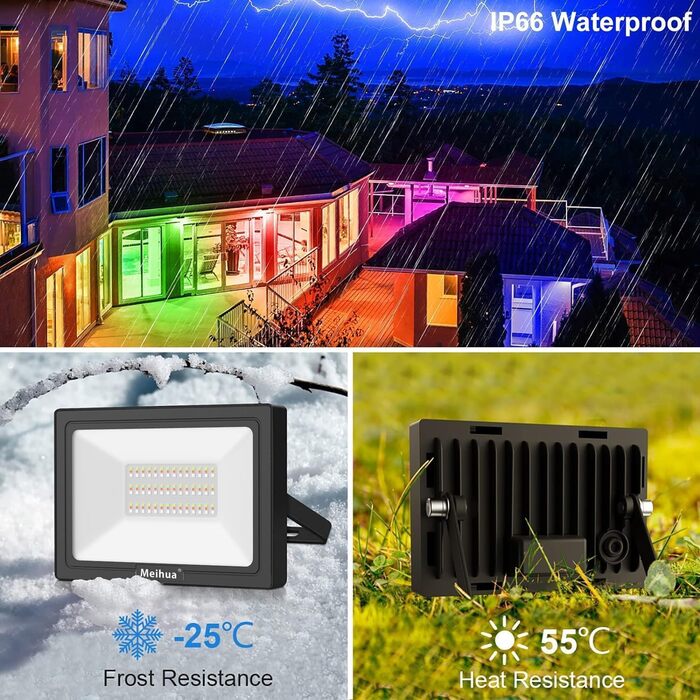 MEIHUA 60W RGB Spotlight with Remote Control, IP66 Waterproof, LED Floodlight, Color Changing, Dimmable, 10 Colors, 12 Modes with Timer, RGB Projector, Colorful for Garden, Disco, Tree, Landscape, Mood Lighting