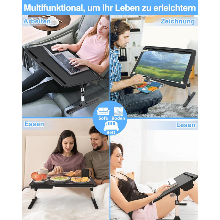 Стіл для ноутбука Potuopy з регульованою висотою та кутом нахилу, складний, великий розмір (60*40 см), чорний, з еко-деревом для роботи, читання та їжі на ліжку/дивані