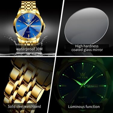 Годинник чоловічий OLEVS Automatik Skelett з автопідзаводом, механічний, люкс, з діамантами, сапфірове скло, вологостійкий, браслет з вольфрамової сталі, золотий/блакитний, 3615-gold/Blau