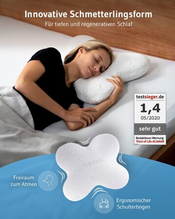 Side Sleeper Pillow ACAMAR, Third of Life - 2022 Innovation Award Winner, Orthopedic Neck Pillow for Neck Pain, Viscoelastic Memory Foam, Ergonomic Head Pillow with Thermo Cover White Thermoregulating Cover
