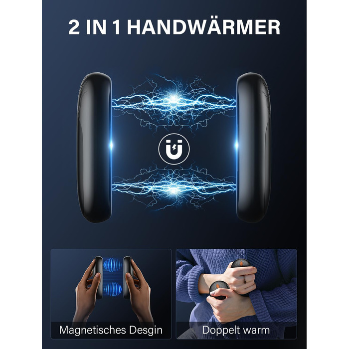 Електричні грілки для рук 2 шт. - ультралегкі, перезаряджаються, з 3 режимами нагріву, до 24 годин роботи, USB, для активного відпочинку взимку, чорні, з магнітом