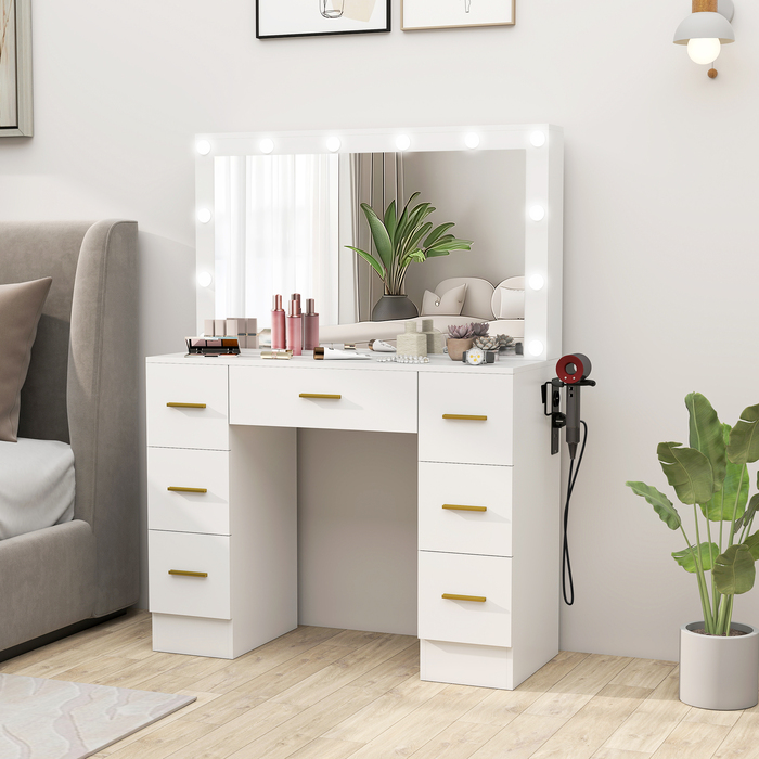 HOMCOM Vanity Table with Mirror and 12 LED Lights - Dressing Table with 7 Drawers, 6 Hidden Storage Compartments, Particleboard, White