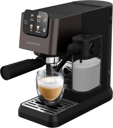 GRUNDIG KSM 5330 Espresso Machine with Integrated Milk Container, 1628 W Power, 15 bar Pump Pressure, Dual Nozzle, Color Touch Display, BrewSense, CreamyPro, Dark Inox/Black. With Milk Container