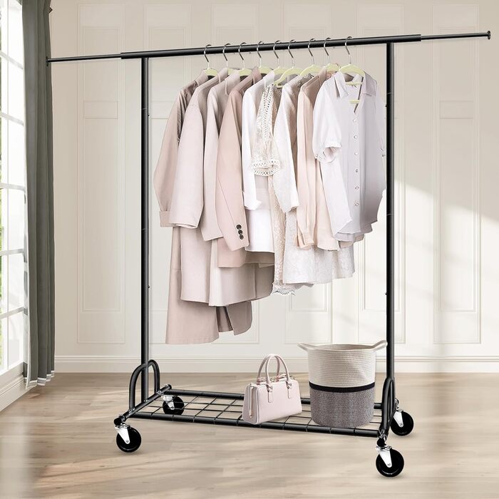 Heavy-Duty Clothes Rack, SPECILITE 2-in-1 Clothes Rack Stable with Wheels and Shelves, Load Capacity 217 KG, Adjustable Metal Heavy-Duty Garment Rack on Wheels (Black)