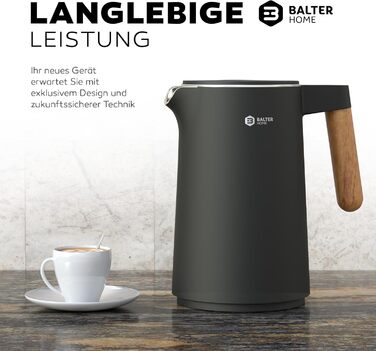 BALTER Stainless Steel Kettle with Temperature Setting, 45°C-100°C, Double-Walled, BPA Free, Quiet & Cordless, Keep Warm Function, Tea Kettle with Temperature Display, 1.5L, 2200W, Black (Blue Gray)