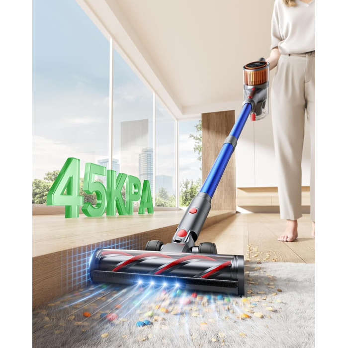 SunSare Бездротовий акумуляторний пилосос 550W/45000Pa/60хв, з базою для зарядки, легкий, тихий, для твердих поверхонь, килимів та шерсті тварин