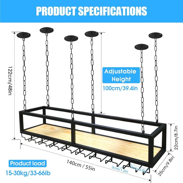 DSVONAUS Ceiling Shelf, Wine Rack, Height-Adjustable Decorative Shelf, Retro Iron and Solid Wood Ceiling Shelf, Single-Layer, For Bars/Restaurants/Kitchens (120 * 25 * 100cm) (140*25*100cm)