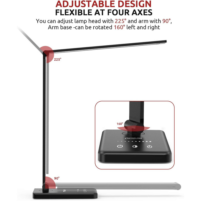 LED настільна лампа з регулюванням яскравості, 5 кольорів та 10 рівнів, захист очей, сенсорне керування, складна, нічна лампа з акумулятором 2500mAh (чорний)