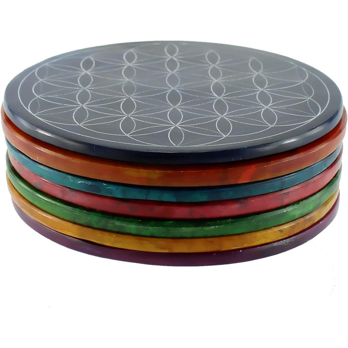 Speckstein coaster set with Flower of Life design • 7 colors • Chakra colors • Ø 10 cm • Handmade • Engraved • Round • Spiritual wall decoration & table decor • 7 pieces