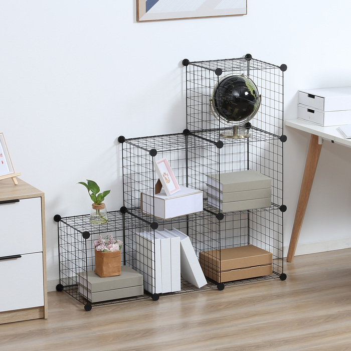 HOMCOM Shelf Unit, Storage System with 6 Cubes, DIY Wire Grid Cube Shelf, Tiered Shelf for Living Room, Bedroom, Black, 109 x 37 x 109 cm | Aosom
