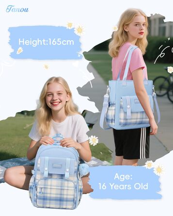 Шкільний рюкзак Tanou для дівчаток-підлітків, великий набір з сумкою через плече, в клітинку, 26L, блакитний