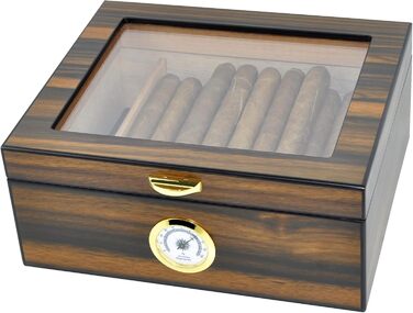 Вологозбережувач для сигар Eitida на 25-50 сигар з дисплеєм з загартованого скла, ручної роботи, з іспанського червоного кедру з перегородкою, зволожувачем та гігрометром, чорний ебоніт (Сантос Палісандр)