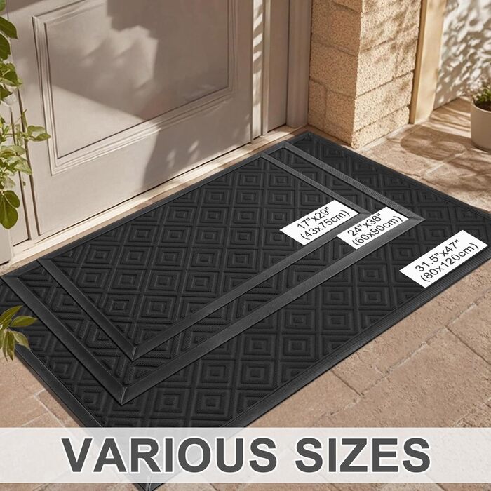 LEKEEPGO Doormat Indoor and Outdoor 60x90cm, Non-Slip Outdoor Doormat, Rubber Outdoor Mat, Washable Dirt Trapping Mat, Entrance Mat, Outdoor Shoe Tray with Drainage, Black