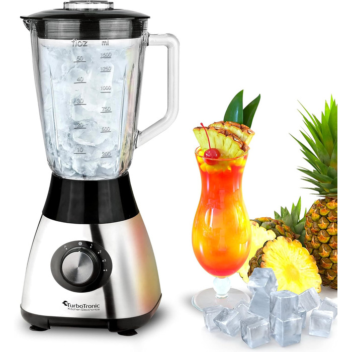 Блендер TurboTronic 1200W з скляною чашею 1,5л, з функцією Ice Crush, срібний, для приготування смузі